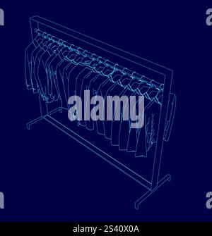 Immagine blu di un appendiabiti con una fila di vestiti appesi su di esso. Gli abiti sono tutti diversi colori e stili, e il rack è alto e stretto. Co Illustrazione Vettoriale