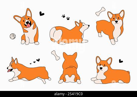 Set di caratteri Corgi. Simpatici cuccioli di cartoni animati con emozioni diverse, divertenti mascotte di cani comici per adesivi e stampe. Raccolta isolata vettoriale Illustrazione Vettoriale