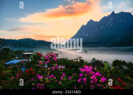 Alba mozzafiato sulla montagna calcarea di Doi Luang Chiang Dao sul mare di nebbia e villaggio di tribù locali sulla collina a Ban Na Lao mai, Chiang Dao, C. Foto Stock