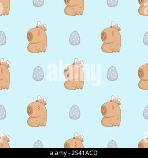 Motivo pasquale senza cuciture. Divertente capybara sorridente con orecchie da coniglio su sfondo blu con uova pasquali a pois. Personaggio dei cartoni animati natalizi kawaii. Vettore Illustrazione Vettoriale