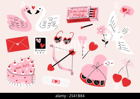 Elementi romantici per San Valentino. Simboli d'amore retrò dei cartoni animati, adesivi astratti con torta caramellata al cuore e lettere d'amore per il design dei biglietti d'auguri Illustrazione Vettoriale