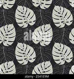 Motivo a foglia Monstera, foglie a contorno bianco e silhouette foglie grigie monstera su sfondo scuro. Illustrazione vettoriale Illustrazione Vettoriale
