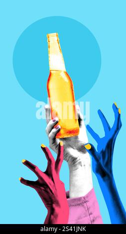 Progettazione grafica concettuale. Bottiglia di birra tenuta in alto con mani alte, contrasto audace che simboleggia feste vivaci, festeggiamenti gioiosi. Foto Stock