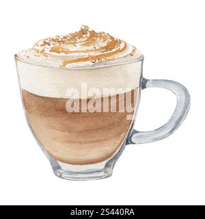 Illustrazione ad acquerello del caffè cappuchino con schiuma e rivestimento in caramello in una tazza di vetro su sfondo bianco Foto Stock