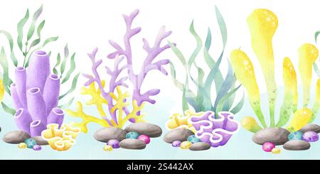 Alghe, coralli, ciottoli, pietre, bordi isolati senza cuciture in stile cartoni animati. Striscione orizzontale marino disegnato a mano di colore giallo, lilla e verde per il design marino e nautico dei bambini. Foto Stock