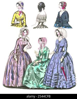 Moda attraverso i secoli, moda femminile a Parigi e Londra, 1847, riproduzione storica, restaurata digitalmente da un originale del XIX secolo, Die Mode im Laufe der Zeit, Damenmode a Parigi e Londra, Historisch, digital restaurierte Reproduktion von einer Vorlage aus dem 19. Jahrhundert Foto Stock