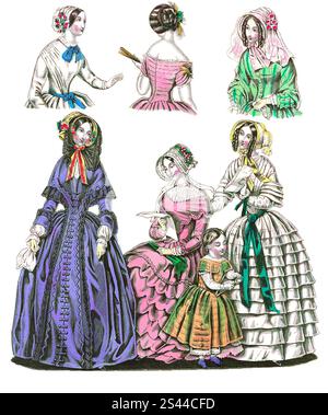 Moda attraverso i secoli, moda femminile a Parigi e Londra, 1847, riproduzione storica, restaurata digitalmente da un originale del XIX secolo, Die Mode im Laufe der Zeit, Damenmode a Parigi e Londra, Historisch, digital restaurierte Reproduktion von einer Vorlage aus dem 19. Jahrhundert Foto Stock