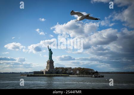 Vista di Liberty Island e della Statua della libertà da un bot nel porto di New York con un gabbiano Foto Stock