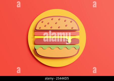 Carta colorata che taglia hamburger art su sfondo rosso. Illustrazione del concetto di industria della consegna di fast food, cibo spazzatura e servizi di catering Foto Stock