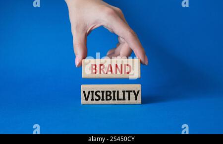 Simbolo di visibilità del marchio. Blocchi di legno con parole visibilità del marchio. Bellissimo sfondo blu. Mano d'affari. Concetto di visibilità aziendale e del marchio Foto Stock