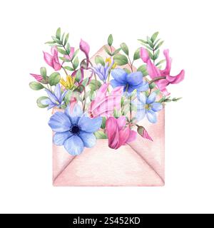 Bouquet di fiori primaverili in una busta aperta di colore rosa. Anemone azzurro, ciclamino rosa, fiori gialli, ramificazione di eucalipto per va Foto Stock