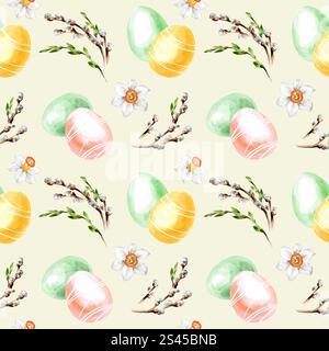 Modello pasquale senza cuciture con uova e rami colorati. Illustrazione dipinta a mano in acquerello Foto Stock