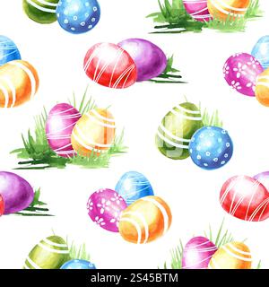 Motivo pasquale senza cuciture con uova colorate. Illustrazione dipinta a mano ad acquerello isolata su sfondo bianco Foto Stock
