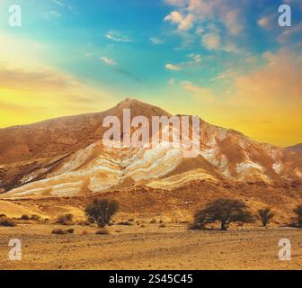 Deserto di montagna con colorati cielo nuvoloso. Deserto della Giudea in Israele al tramonto Foto Stock