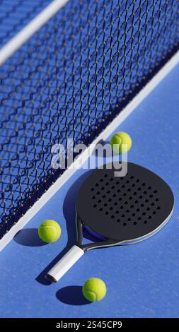 Una pagaia da tennis e palline verdi su un campo blu, pronti per un padel di gioco. rendering 3d. Foto Stock