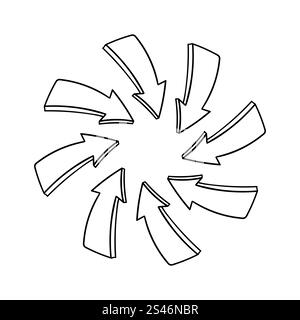 Frecce disegnate a mano che indicano un punto centrale isolato su sfondo bianco Illustrazione Vettoriale