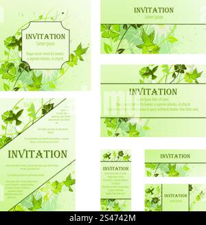 Set di cartoline invito in diverse dimensioni e formati. Elegante design a molla con fiori e farfalle e uccelli su grunge sfondo verde con macchie di inchiostro. Illustrazione Vettoriale. Illustrazione Vettoriale
