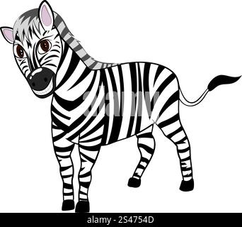Divertente personaggio dei fumetti Zebra con largo sorriso su sfondo bianco. Disegnata in prospettiva elegante Design carino. Tropical Zoo e fauna. Illustrazione Vettoriale. Illustrazione Vettoriale