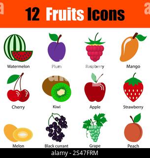 Design piatto frutta icon set con titoli in ui di colori. Illustrazione Vettoriale. Illustrazione Vettoriale