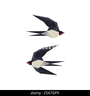 Illustrazione con origami che ingoiano uccelli su sfondo bianco Illustrazione Vettoriale