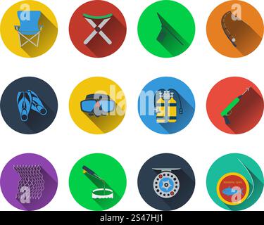 Set di icone di pesca in design piatto Illustrazione Vettoriale