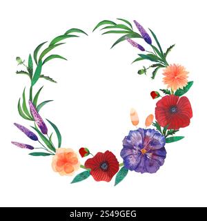 Affascinante corona floreale di acquerello dipinta a mano con vivaci papaveri rossi, dahlia arancioni e ibisco viola, accentuati da lussureggianti foglie verdi. Foto Stock