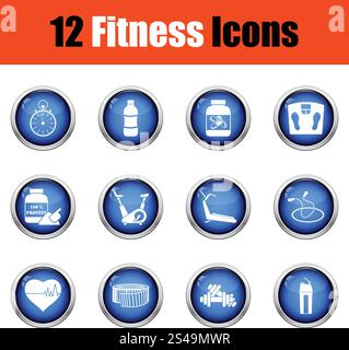 Icona Fitness set. Pulsante lucido design. Illustrazione Vettoriale. Illustrazione Vettoriale