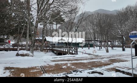 110 gennaio 2025: Serata fredda in una giornata invernale nevosa a Komagane, prefettura di Nagano. Foto Stock