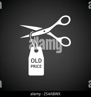 Forbici tagliare il vecchio prezzo di etichetta icona. Sfondo nero con il bianco. Illustrazione Vettoriale. Illustrazione Vettoriale