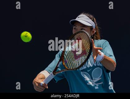 Melbourne, Australia. 11 gennaio 2025. Zheng Qinwen della Cina partecipa ad una sessione di allenamento durante l'Australian Open Tennis Tournament a Melbourne, Australia, 11 gennaio 2025. Crediti: Chu Chen/Xinhua/Alamy Live News Foto Stock