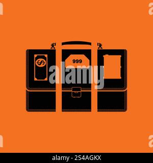 Olio, dollaro e oro valigetta di divisione concetto icona. Sfondo arancione con nero. Illustrazione Vettoriale. Illustrazione Vettoriale