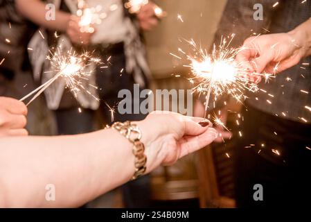 Persone che celebrano un evento importante, mani che tengono scintillanti, compleanno al ristorante Foto Stock