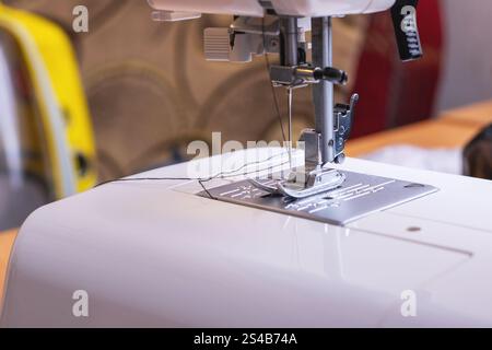 Vista ravvicinata di una macchina da cucire, che enfatizza l'ago, il piede della pressa e il meccanismo di filettatura in modo complesso Foto Stock
