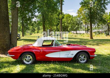 Una cabriolet Chevrolet Corvette rossa e bianca del 1961 parcheggiata nell'erba di Auburn, Indiana, USA. Foto Stock