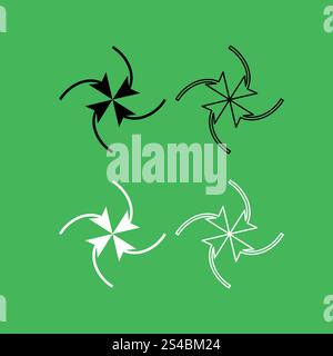 Quattro frecce in loop nell'icona centrale Set di colori bianco e nero . Quattro frecce nell'icona del loop al centro . Set di colori in bianco e nero . Illustrazione Vettoriale