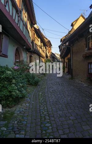 EGUISHEIM, FRANCIA - 30 MAGGIO 2019: Tradizionali case colorate in legno a graticcio nella città vecchia di Eguisheim sulla strada del vino d'Alsazia, Francia Foto Stock