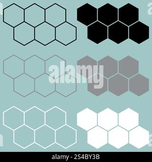 Icona esagonale nero/grigio/bianco. Set di icone esagonali nero/grigio/bianco. Illustrazione Vettoriale