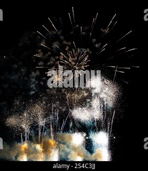 Un vivace spettacolo di fuochi d'artificio illumina il cielo notturno, mostrando scintille dorate, sentieri per il fumo e scintillanti fuochi d'artificio. Foto Stock