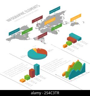Modello infografico vettoriale con elementi isometrici 3D, mappa del mondo e grafici per presentazioni aziendali. Modello infografico vettoriale con elementi isometrici 3D, mappa del mondo e grafici per presentazioni aziendali. Report con diagramma di crescita e illustrazione grafica Illustrazione Vettoriale