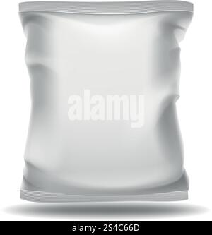 Confezione con sacchetto bianco. Modello vettoriale. Confezione con sacchetto bianco. Modello vettoriale. Confezione di alimenti, confezione di prodotti o contenitore per sacchetti, illustrazione di uno spuntino in plastica Illustrazione Vettoriale
