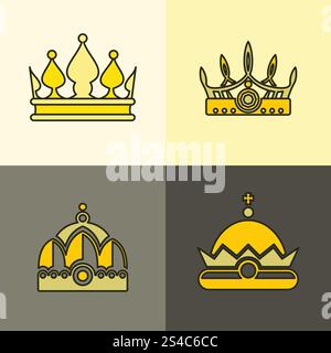 Icone a corona gialle su sfondo marrone. Icone a corona gialle su sfondo marrone. Set di corone piatte dorate. Illustrazione vettoriale Illustrazione Vettoriale