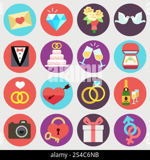 Set di icone piatte vettoriali nuziali per matrimoni. Icone flat vettoriali nuziali per matrimoni. Set di elementi nuziali isolati in cerchio, illustrazione di segni per il matrimonio Illustrazione Vettoriale