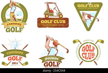 Golf club, etichette vettoriali per tornei, emblemi, badge e loghi. Golf club, etichette vettoriali per tornei di golf, emblemi, badge e loghi. Illustrazione del gruppo di logotipi concorrenza Illustrazione Vettoriale