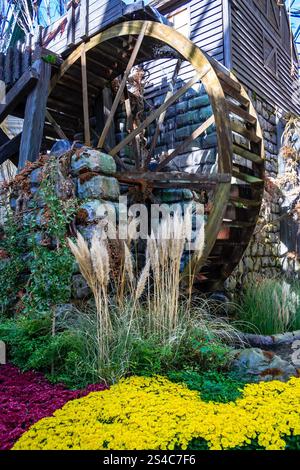 Una grande ruota di legno e' circondata da fiori gialli e rossi. La ruota si trova in un giardino con un muro di pietra e un edificio in legno sullo sfondo. Il Foto Stock