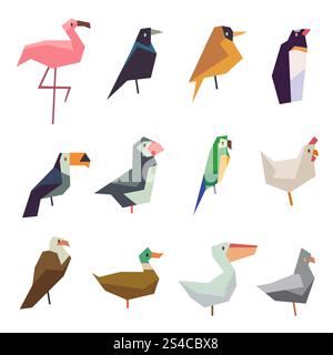 Set di icone piatte vettoriali degli uccelli carini. Set di icone piatte vettoriali degli uccelli carini. Illustrazione di pappagallo selvatico e piccione Illustrazione Vettoriale