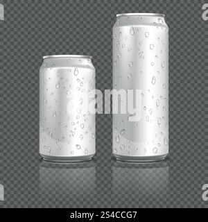 Taniche in alluminio realistiche con gocce d'acqua. Vettore stock. Taniche in alluminio realistiche con gocce d'acqua. Banco contenitori in metallo per bevande, contenitore in alluminio con liquido. Illustrazione vettoriale stock Illustrazione Vettoriale