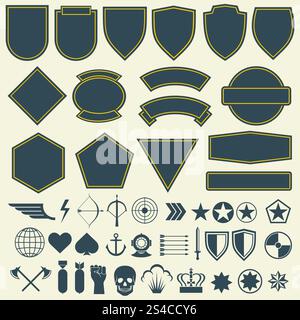 Elementi vettoriali per militari, patch dell'esercito, set di distintivi. Elementi vettoriali per militari, patch dell'esercito, distintivi. Set di badge per emblemi militari e militari per patch e illustrazioni militari Illustrazione Vettoriale