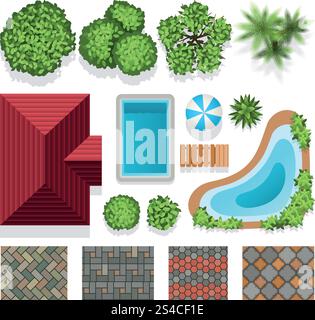 Vista dall'alto degli elementi vettoriali del design del giardino paesaggistico. Elementi vettoriali per la progettazione di giardini paesaggistici per la planimetria. Illustrazione architettonica di design paesaggistico con piante verdi, vista dall'alto della casa e della piscina Illustrazione Vettoriale