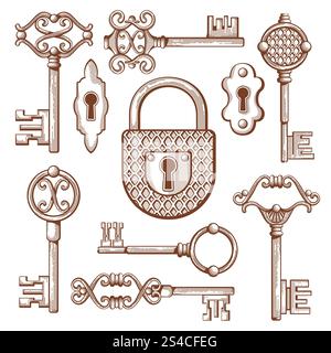Chiavi, serrature e lucchetti vintage, illustrazione vettoriale disegnata a mano. Chiavi, serrature e lucchetti vintage disegnati a mano. Buco chiave e segretezza, vari elementi classici, illustrazione vettoriale Illustrazione Vettoriale