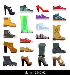 Diverse calzature, scarpe casual, set vettoriale. Diverse calzature, scarpe casual, set vettoriale. Stivaletto alla moda per uomo o donna Illustrazione Vettoriale